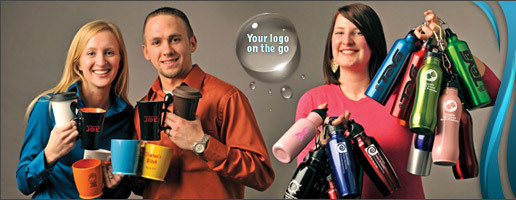 Amsterdam Printing employees holding personalized mugs, water bottles, and other drinkware with logo imprints
